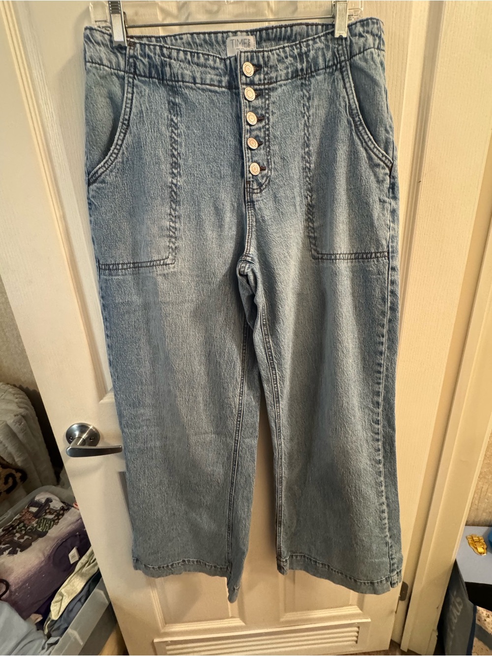 Time and Tru Light Blue High-Rise Button-Front Wide Leg Jeans